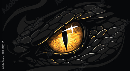 A close-up illustration of a dragon's eye with a black and gold color scheme on a dark background