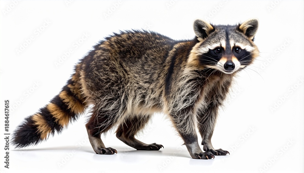 Obraz premium Full body shot of a common raccoon, Procyon lotor, standing and looking at the camera. This wild mammal with its characteristic masked face and ringed tail is isolated on a white background.