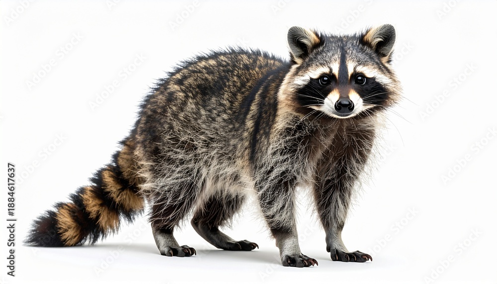 Obraz premium Realistic portrait of a North American raccoon, Procyon lotor, standing and looking at the camera. This cute wild animal with its iconic masked face and ringed tail is isolated on a white background.