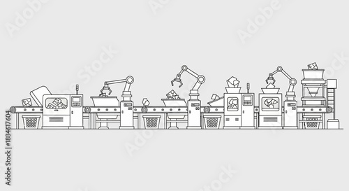 Automated factory production line with robotic arms and conveyor belts in a modern industrial setting, line art illustration.