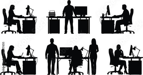 Set of Professional Business Office Workstation Silhouette Icons Isolated on White Background Including People Working at Desks with Computers for Corporate Career Graphic Design