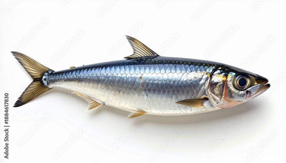 Obraz premium Single fresh whole sardine fish with shiny scales and fins, a key ingredient in healthy Mediterranean cuisine, rich in omega-3, isolated on a clean white background for easy editing.
