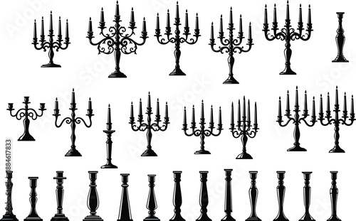 Silhouettes of vintage and modern candle holders and candelabras in black isolated on white background for decor, design, antique reference, and illustration use.