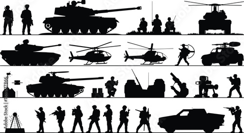 Modern military combat silhouettes with soldiers, tanks, helicopters, armored vehicles and battlefield operations icons for army, defense, and warfare design