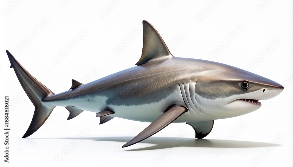 Fototapeta premium Highly detailed 3D illustration of a large predatory shark. Realistic marine animal with sharp teeth and fins, shown in a side view profile isolated on a clean white background with copy space.