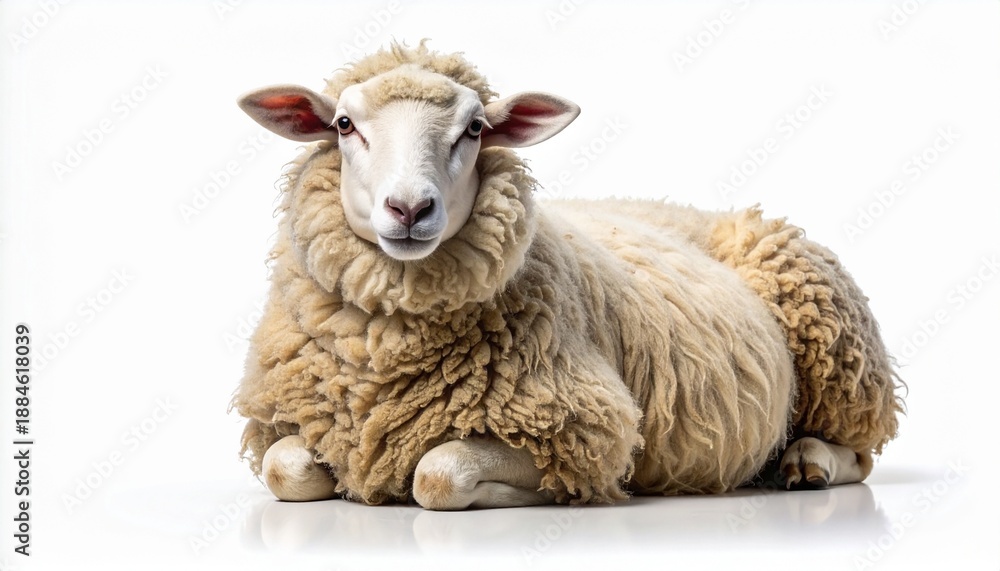 Obraz premium A detailed portrait of a fluffy domestic sheep lying down and looking at the camera. This farm animal with a thick wool coat is isolated on a clean, bright white background with reflection.