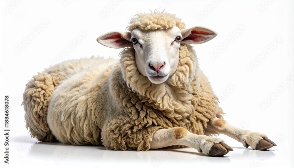 Obraz premium A fluffy white sheep with a thick woolly coat lying down and looking directly at the camera in a serene pose, full body shot of the farm animal isolated on a clean white background for studio portrait