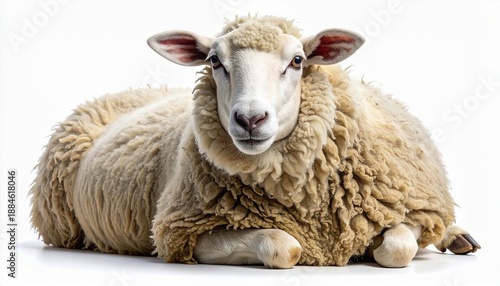 A calm domestic sheep with thick, fluffy wool lying down and looking directly at the camera. This farm animal portrait is isolated on a clean, bright white background, ideal for agricultural concepts.