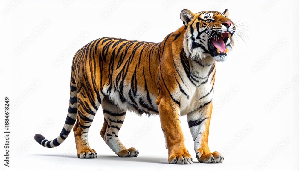 Obraz premium Full-length portrait of a majestic Bengal tiger standing and roaring fiercely with its mouth open, showcasing sharp fangs and powerful presence, isolated on a clean white background.