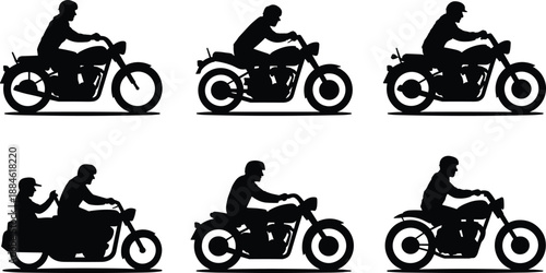 Motorcycle riders silhouettes set, bikers riding classic and modern motorbikes side view for transport, freedom, road trip and biker lifestyle vector design