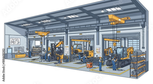 A detailed illustration of a busy construction equipment repair workshop with multiple bays and mechanics working on heavy machinery.