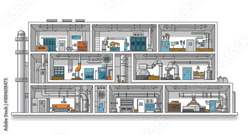 Cross-section illustration of a multi-story industrial facility showcasing various manufacturing and laboratory spaces, including robotic arms, machinery, and storage areas.