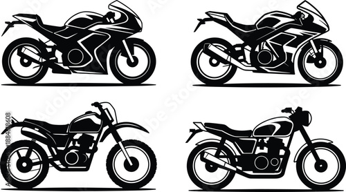 Motorcycle silhouette set with sport bike, racing motorcycle, dirt bike and classic motorbike for transportation design and vector illustration