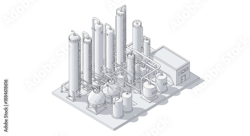 Isometric illustration of a complex industrial chemical processing plant with multiple towers and tanks.