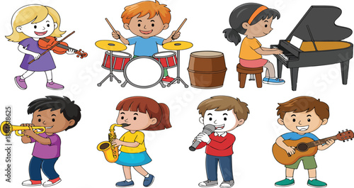 Children Playing Musical Instruments – Colorful Vector Band Illustration