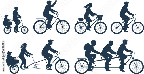 People riding bicycles silhouettes set, family, couple and group cycling together for recreation, fitness, commuting and outdoor lifestyle vector design