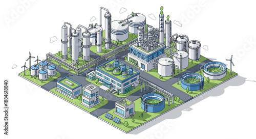 Isometric illustration of a modern, sustainable industrial complex with green roofs, wind turbines, and solar panels.