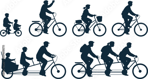 People riding bicycles silhouettes set, family, kids and adults cycling together for recreation, commuting, fitness and outdoor lifestyle vector design