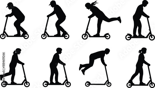 People riding kick scooters silhouettes set, kids and adults scooting for recreation, urban commuting, fitness and outdoor lifestyle vector design