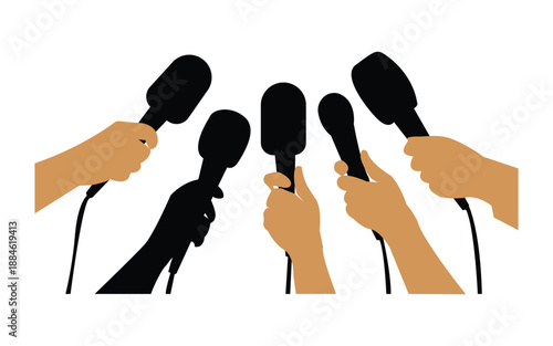 Group of hands holding microphones for press interview journalism media concept illustration