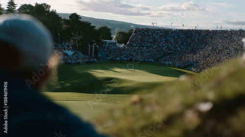 Televised coverage captures the atmosphere of a golf championship, with rolling greens, packed galleries, and defining moments of sporting excellence. cinematic color correction, natural uneven