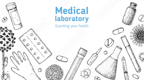 Healthcare and medicine illustration. Vector sketch objects. Medical tool. Hand drawn vector illustration. Drugs and medical products and devices. Design elements set.
