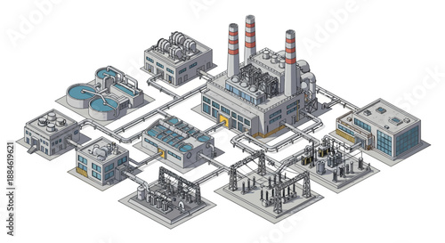 Isometric illustration of a complex industrial power plant facility with multiple interconnected buildings and infrastructure.