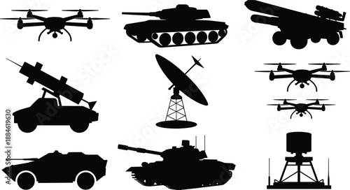 Set of military and surveillance equipment silhouette icons including drones, tanks, radar, and missile systems for defense themes.
