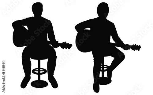 Silhouette of two seated acoustic guitar players performing music isolated on white background