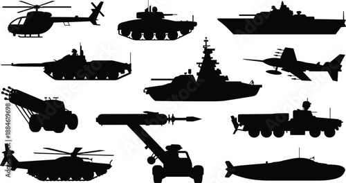 Set of 11 military vehicle silhouette icons representing air, land, and sea forces, ideal for defense and strategy themes.