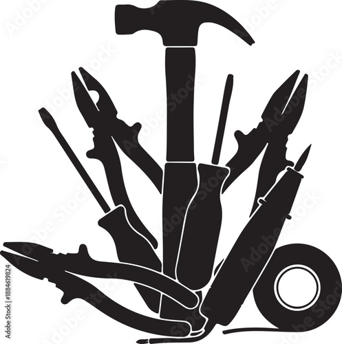 Collection of various hand tools and equipment for construction or repair work