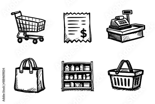 Retail shopping sketch icon collection in black. Set of shopping cart, receipt, checkout counter and store purchase icons in doodle style