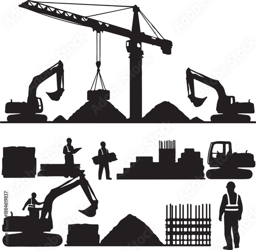 Construction site silhouettes with cranes excavators and workers on transparent background