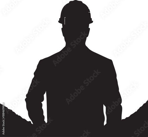 Construction worker silhouette standing confidently in front of mountains landscape scene outdoors