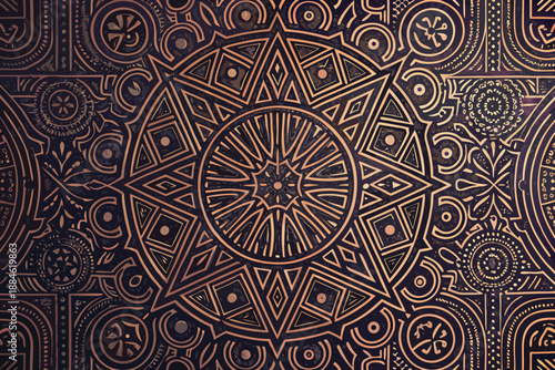 An intricate golden ornamental design with radial symmetry and detailed patterns