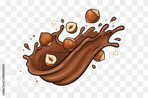 Dynamic Splash of Chocolate and Hazelnuts in a Whimsical Food Illustration