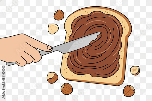 Spreading Nutella on Toast, Kitchen, Digital Illustration, Cozy Environment, Top View, Culinary Art