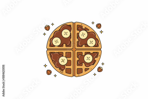 Delicious Waffle Dessert with Bananas and Chocolate, Food Illustration, Sweet Treats, Fun Kitchen Environment, Creative Design