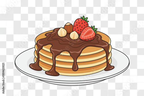 Delicious Stack of Pancakes with Chocolate Sauce and Strawberries - Food Illustration in a Bright Kitchen Environment