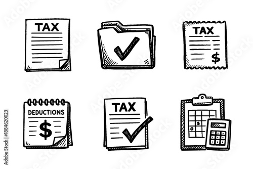 Tax documentation sketch icon collection in black. Set of tax forms, deductions, payment receipts, accounting records and calculation icons in doodle style
