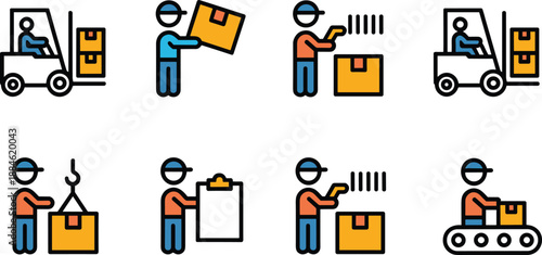Warehouse logistics and order fulfillment icon set showing forklift, workers packing boxes, barcode scanning, inventory control, and shipping workflow operations