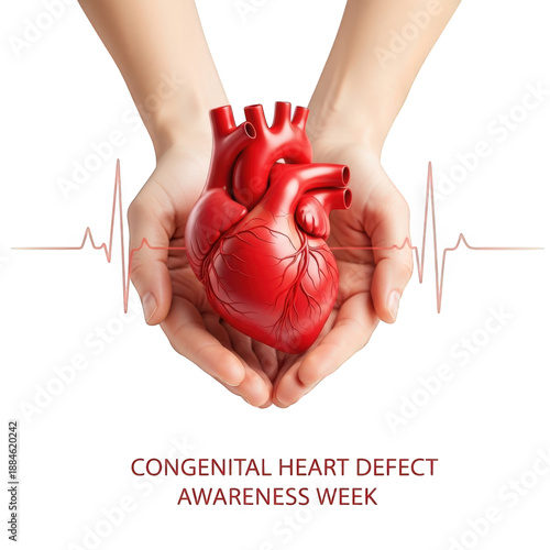 Hands holding red heart model with congenital heart defect awareness text isolated on transparent background