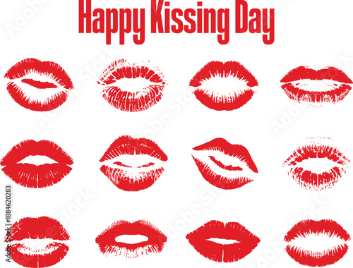 A diverse collection of red lipstick kiss marks and lip prints arranged on a clean white background