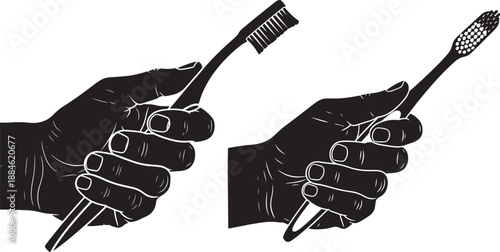 Hand holding toothbrush silhouette isolated on white