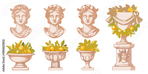 Ancient roman busts fruit arrangements and decorative vases in a vintage style