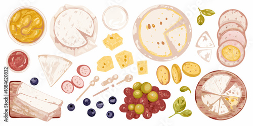 A colorful arrangement of cheeses meats fruits and spreads in watercolor style
