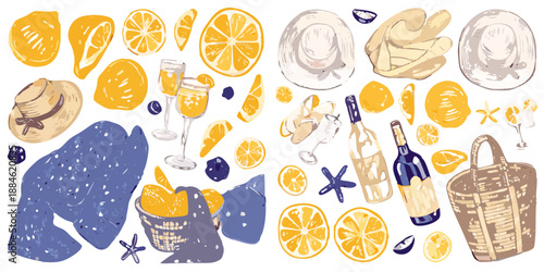 A colorful illustration featuring citrus fruits wine and picnic elements
