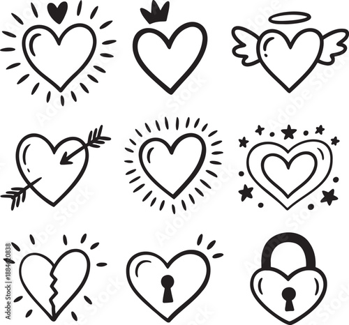 Hand drawn doodle style heart icons with various whimsical elements on a plain white surface