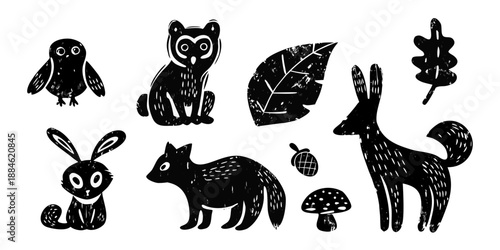 Stylized black and white illustration of woodland creatures and foliage