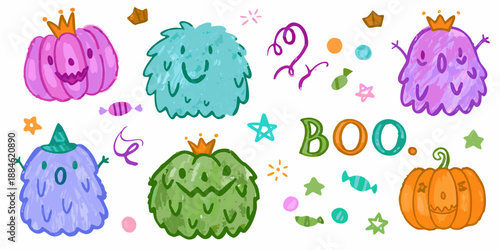 Cute halloween monsters and pumpkins with stars and playful decorations